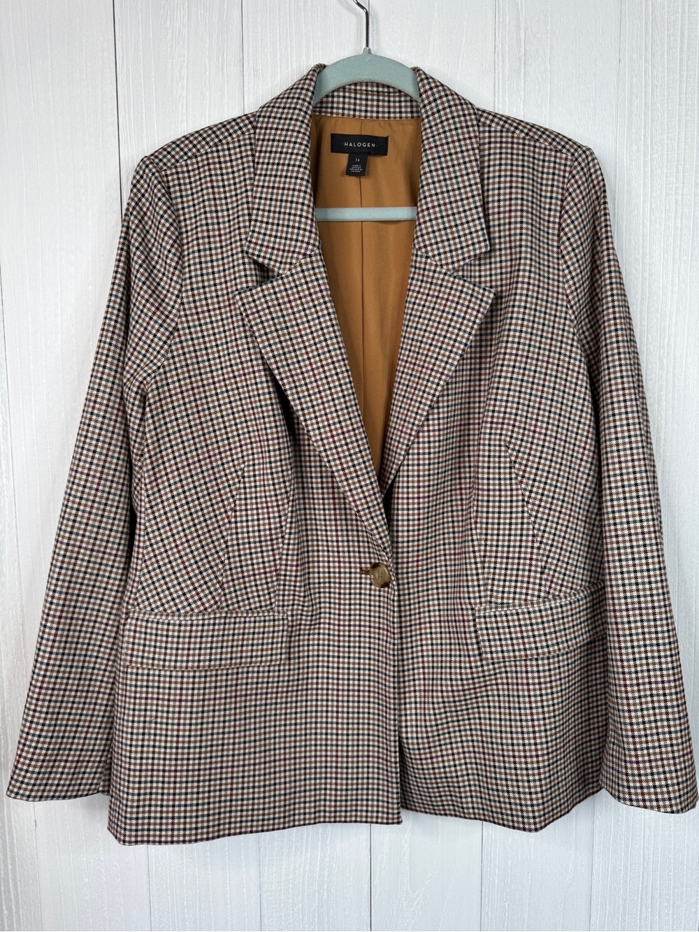 Halogen Gingham Check One-Button Blazer Dark Roast Brown Tan Office Retro 1X